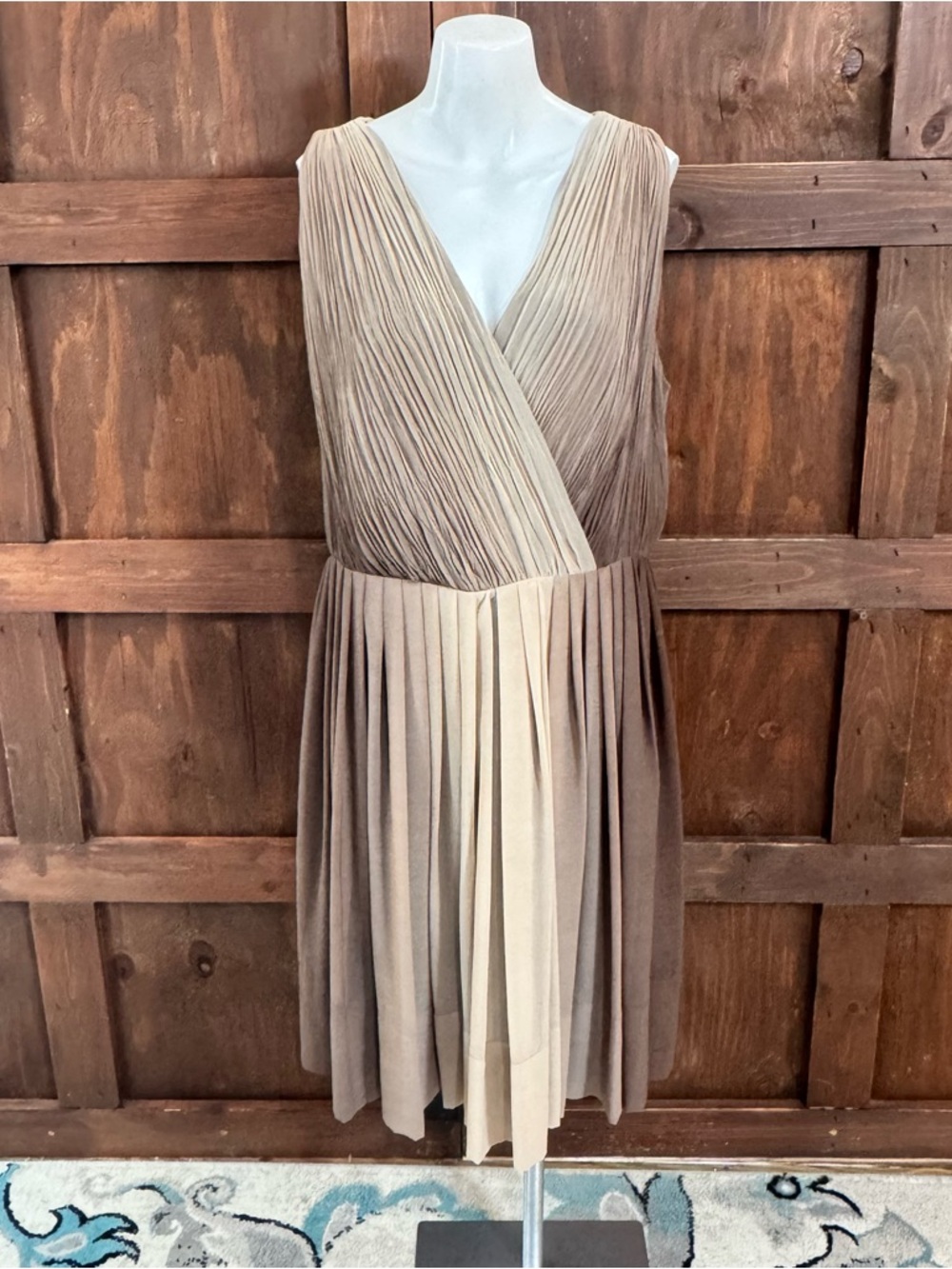 Talbots Beige Pleated V-Neck Midi Dress